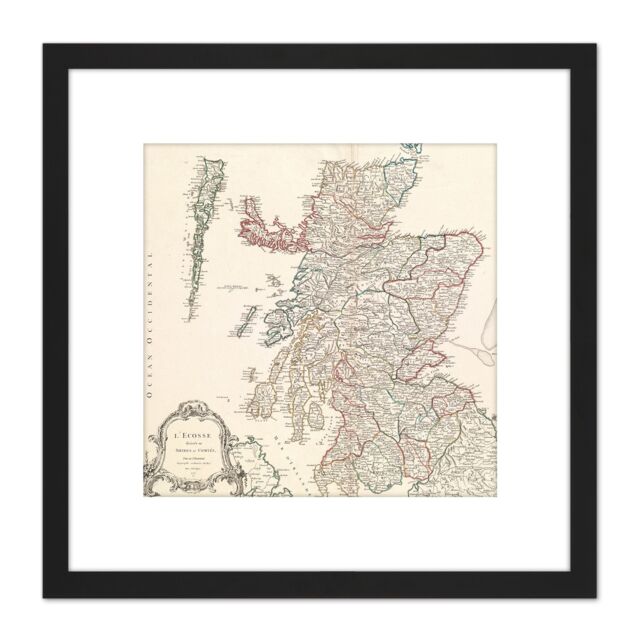 Artery8 Vaugondy 1751 French Map Scotland Shires Counties 8X8 Inch Square Wooden Framed Wall Art Print Picture with Mount in Black - image 1