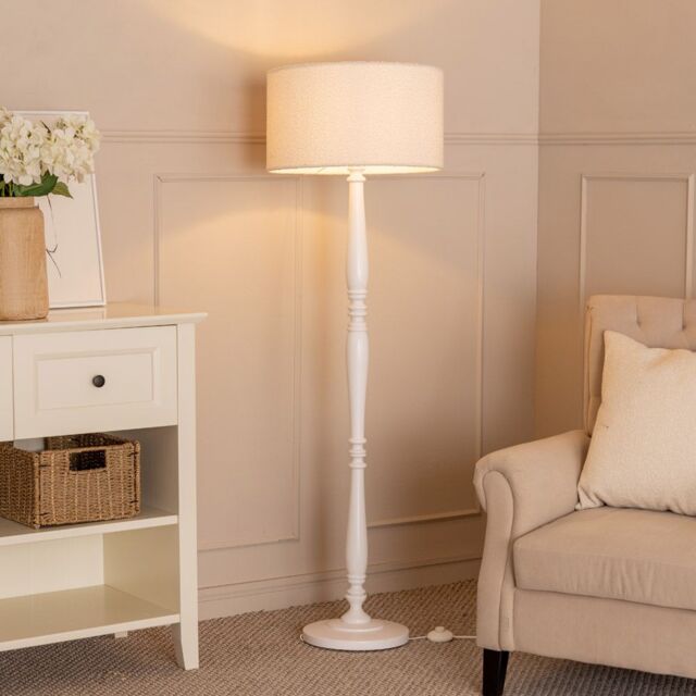 ValueLights Victoria Candlestick White Wood Floor Lamp with Cream Boucle Drum Lamp Shade - image 1
