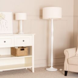 ValueLights Victoria Candlestick White Wood Floor Lamp with Cream Boucle Drum Lamp Shade - thumbnail 5
