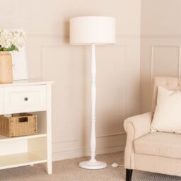 ValueLights Victoria Candlestick White Wood Floor Lamp with Cream Boucle Drum Lamp Shade - thumbnail 3