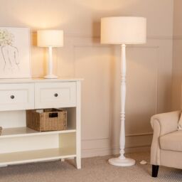 ValueLights Victoria Candlestick White Wood Floor Lamp with Cream Boucle Drum Lamp Shade - thumbnail 4