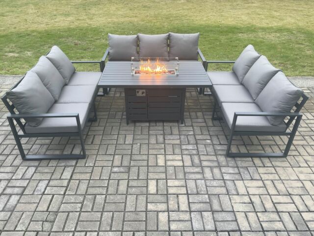 Fimous Aluminium 9 Seater Garden Furniture Outdoor Set Patio Lounge Sofa Gas Fire Pit Dining Table Set Dark Grey - image 1