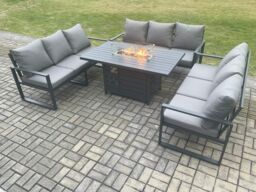 Fimous Aluminium 9 Seater Garden Furniture Outdoor Set Patio Lounge Sofa Gas Fire Pit Dining Table Set Dark Grey - thumbnail 2