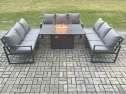 Fimous Aluminium 9 Seater Garden Furniture Outdoor Set Patio Lounge Sofa Gas Fire Pit Dining Table Set Dark Grey - thumbnail 1