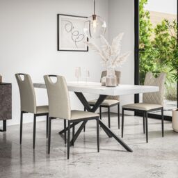 More4Homes Donni Dining Table & Chairs - White Marble Effect Table Top w Black Legs + Monza Linen Dining Chair l Set Of 4 in Beige