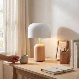 Happy Homewares Modern Designer Wooden Table Lamp with White Gloss Domed Metal Shade in Brown - thumbnail 6