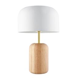Happy Homewares Modern Designer Wooden Table Lamp with White Gloss Domed Metal Shade in Brown