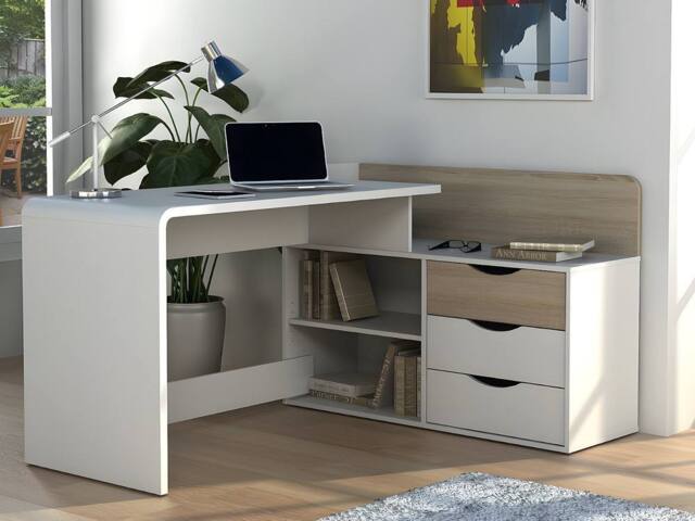 Vente-unique Corner Desk - MDF - 3 Drawers & 2 Shelves - White & Oak - DECLAN II in Light Oak - image 1