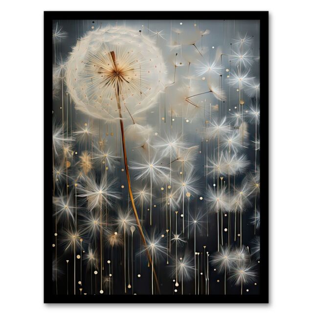 Artery8 Wall Art Print Dandelion Seeds Luminescent Rain Ethereal Painting Framed in Grey - Size: A4 - image 1