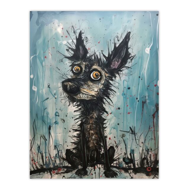 "Artery8 Wall Art Print The Curious Black Dog Thick Oil Painting By Tom Jones Poster in Blue - Size: W18"" x H24""" - image 1