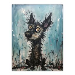 "Artery8 Wall Art Print The Curious Black Dog Thick Oil Painting By Tom Jones Poster in Blue - Size: W18"" x H24""" - thumbnail 1