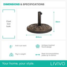 LIVIVO Parasol Base 9kg Garden Umbrella Base Stand Floral Design Heavy Duty Resin for Parasol Poles up to 50mm in Bronze - thumbnail 6