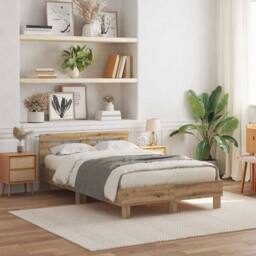 Berkfield Home Oak Bed Frame Artisan Oak Engineered Wood 120 x 190 cm Durable in Beige - thumbnail 2