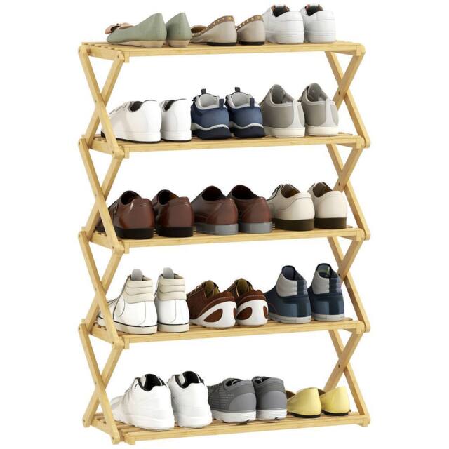 HOMCOM Bamboo Shoe Rack, Folding Shoe Shelf in Natural - Size: 45 cm - image 1