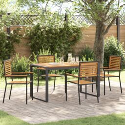 Berkfield Home 5 Piece Garden Dining Set Black Poly Rattan Acacia - thumbnail 1