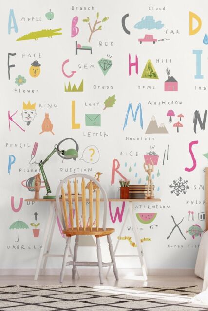 Origin Murals Childrens Alphabet Illustrations Wall Mural in Bright Pink - Size: W350 cm x H280 cm - image 1