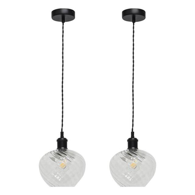First Choice Lighting Set of 2 Bradson - Clear Swirl Glass Black Retro Pendant Fittings - image 1