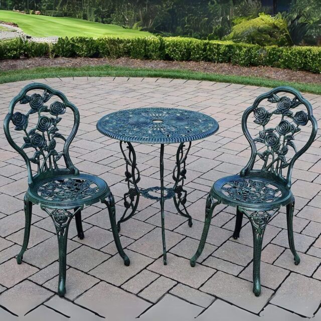 Home Source Bistro Set Outdoor Patio Garden Round Table & 2 Chairs Metal Frame in Bottle Green - image 1