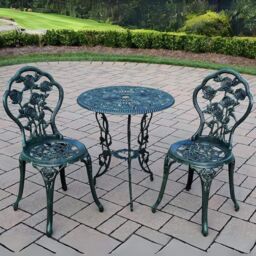 Home Source Bistro Set Outdoor Patio Garden Round Table & 2 Chairs Metal Frame in Bottle Green