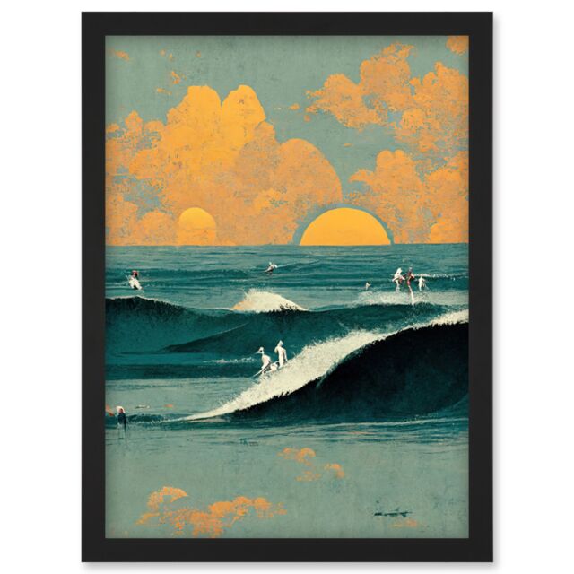 Artery8 Surfers Surfing Chasing Waves at Sunset Teal Mustard Abstract Oil Paint Artwork Framed Wall Art Print A4 in Black - image 1