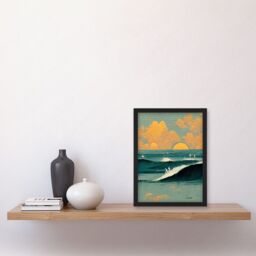 Artery8 Surfers Surfing Chasing Waves at Sunset Teal Mustard Abstract Oil Paint Artwork Framed Wall Art Print A4 in Black - thumbnail 2