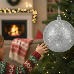 Shatchi 20cm Glitter Christmas Bauble - Christmas Tree & Home Décor Ornament in Silver - Size: 20 cm - thumbnail 6