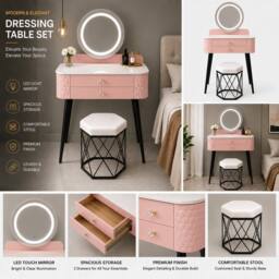 MN Furniture Modern Dressing Table with LED Mirror & Storage Drawer W60 × H127cm in Pink - thumbnail 3