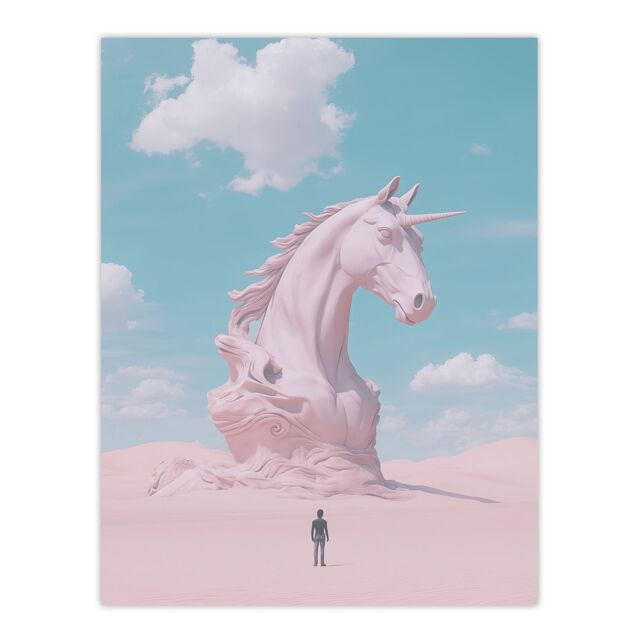 "Artery8 Desert Unicorn Sand Sculpture Pastel Landscape Wall Art Print in Blue - Size: W24"" x H32""" - image 1