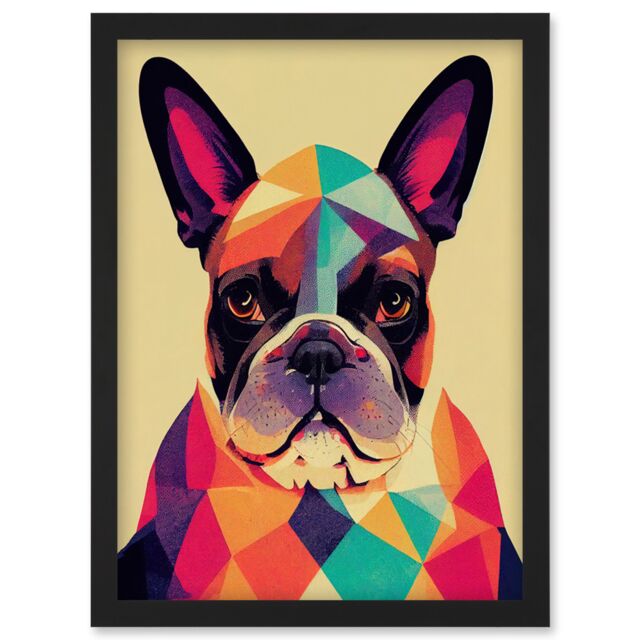 Artery8 Vibrant Colourful Geometric French Bulldog Portrait Design Artwork Framed Wall Art Print A4 in Black - image 1