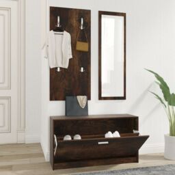 Berkfield Home 3-in-1 Shoe Cabinet Set Smoked Oak Engineered Wood in Brown - thumbnail 1