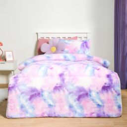 OHS Tie Dye Teddy Fleece 10.5 Tog Coverless Single Duvet with Pillowcase in Pale Lilac