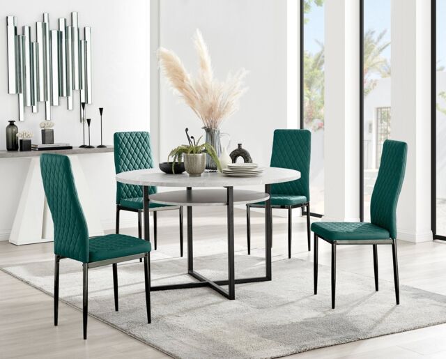 FurnitureboxUK Adley Grey Concrete Effect & Black Round Dining Table with Shelf & 4 Velvet Milan Dining Chairs in Green - image 1