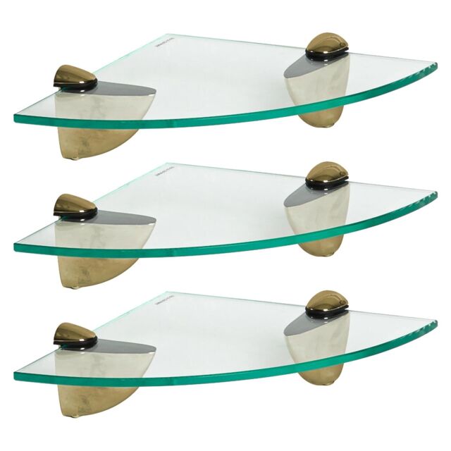 Harbour Housewares 3x Floating Glass Corner Shelves - 20cm Bathroom Storage Display Unit in Gold - image 1