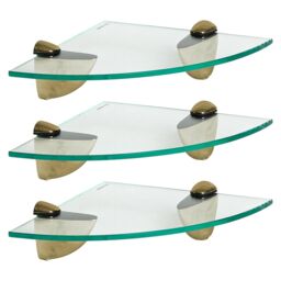Harbour Housewares 3x Floating Glass Corner Shelves - 20cm Bathroom Storage Display Unit in Gold - thumbnail 1