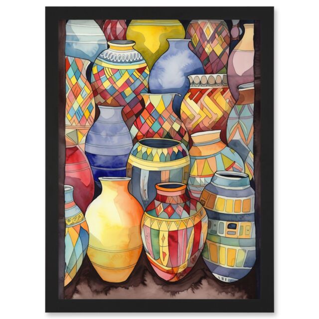 Artery8 Glazed Ceramic Pot Vases Folk Art Artwork Framed Wall Art Print A4 in Black - image 1