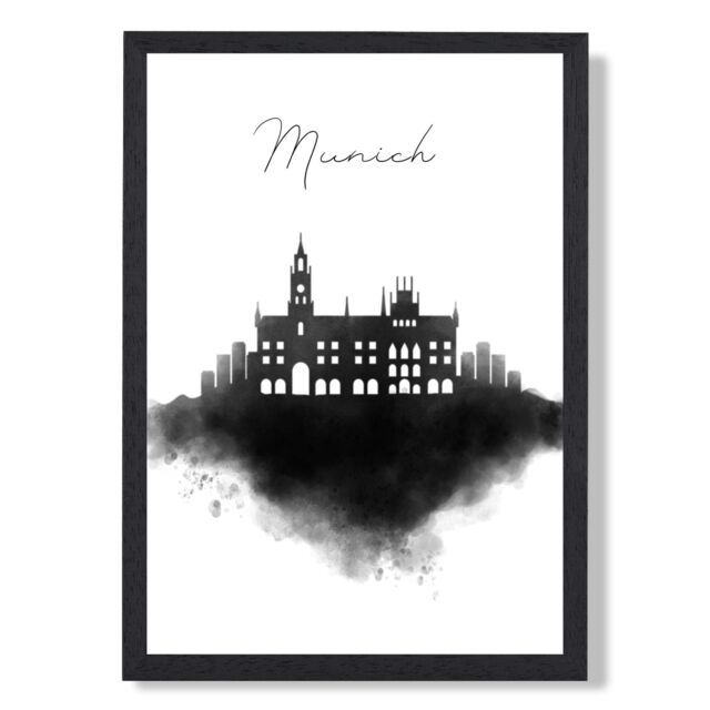 ARTZE Munich Watercolour Skyline City Framed Print SIZE: A4 with Black Frame - Size: A2 - image 1