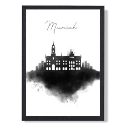 ARTZE Munich Watercolour Skyline City Framed Print SIZE: A4 with Black Frame - Size: A2 - thumbnail 1