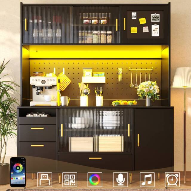 Merax Black Modern Kitchen Pantry Cabinet with LED, Coffee Bar & Pegboard - image 1