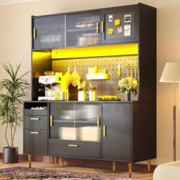 Merax Black Modern Kitchen Pantry Cabinet with LED, Coffee Bar & Pegboard - thumbnail 3