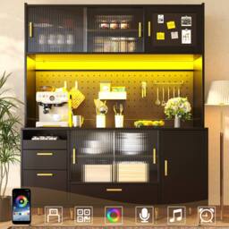 Merax Black Modern Kitchen Pantry Cabinet with LED, Coffee Bar & Pegboard - thumbnail 1