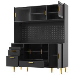 Merax Black Modern Kitchen Pantry Cabinet with LED, Coffee Bar & Pegboard - thumbnail 9