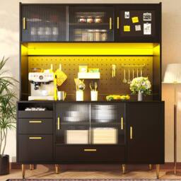 Merax Black Modern Kitchen Pantry Cabinet with LED, Coffee Bar & Pegboard - thumbnail 4