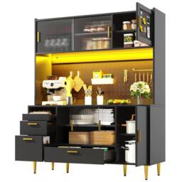 Merax Black Modern Kitchen Pantry Cabinet with LED, Coffee Bar & Pegboard - thumbnail 8