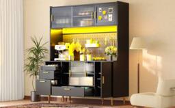 Merax Black Modern Kitchen Pantry Cabinet with LED, Coffee Bar & Pegboard - thumbnail 6