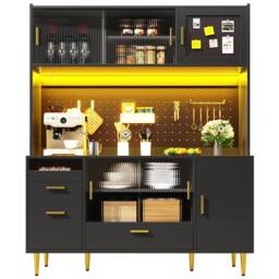 Merax Black Modern Kitchen Pantry Cabinet with LED, Coffee Bar & Pegboard - thumbnail 2