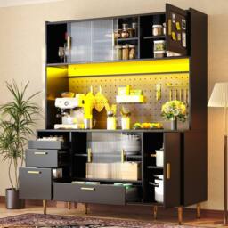 Merax Black Modern Kitchen Pantry Cabinet with LED, Coffee Bar & Pegboard - thumbnail 5
