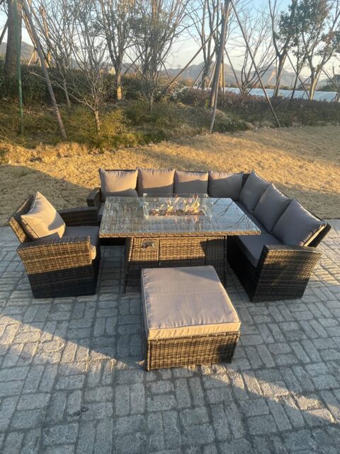Fimous High Back Rattan Garden Furniture Sets Gas Fire Pit Dining Table Right Corner Sofa Big Footstools Chair 8 Seater in Dark Grey - image 1