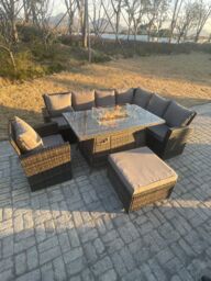 Fimous High Back Rattan Garden Furniture Sets Gas Fire Pit Dining Table Right Corner Sofa Big Footstools Chair 8 Seater in Dark Grey - thumbnail 3