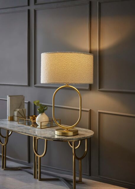 ValueLights Antonia Cream Boucle Drum Shade Brushed Gold Oval Table Lamp with LED Bulb - image 1