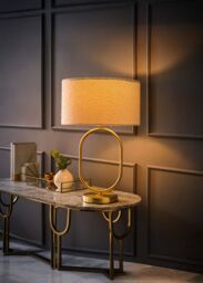 ValueLights Antonia Cream Boucle Drum Shade Brushed Gold Oval Table Lamp with LED Bulb - thumbnail 2